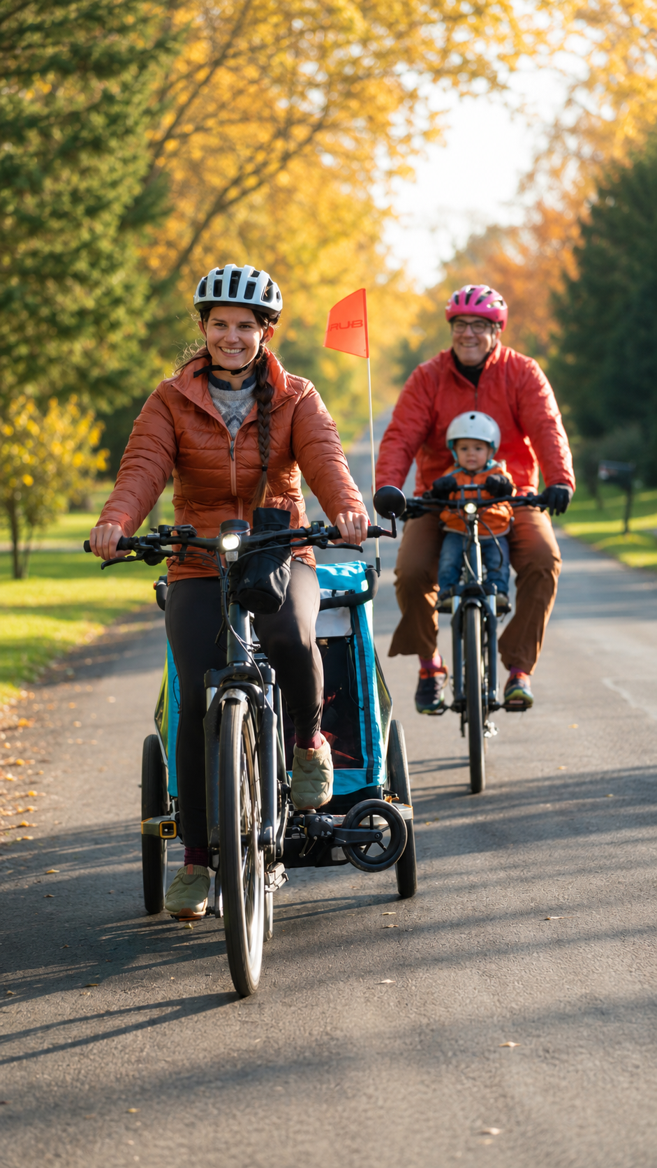 Family riding bicycles together on a sunlit autumn path