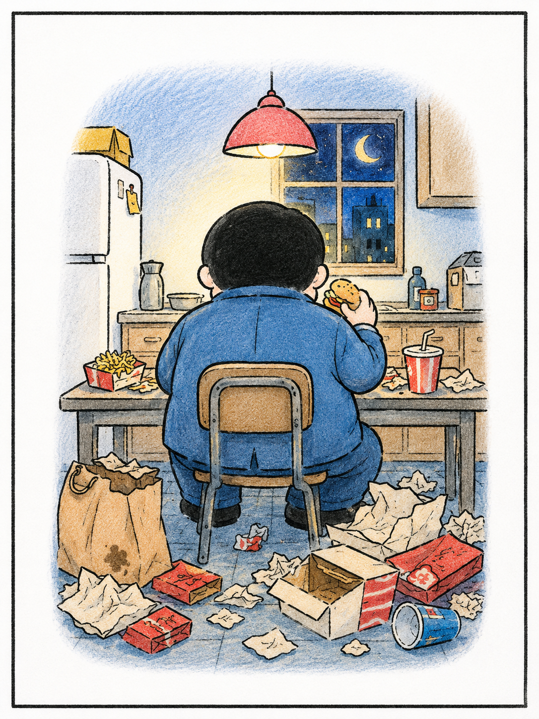 A man eating alone at night — food as relief after a long, stressful day.