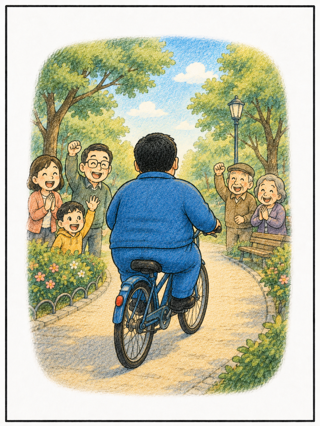 A man riding a bicycle through a park — change becoming possible, with more energy and calm.